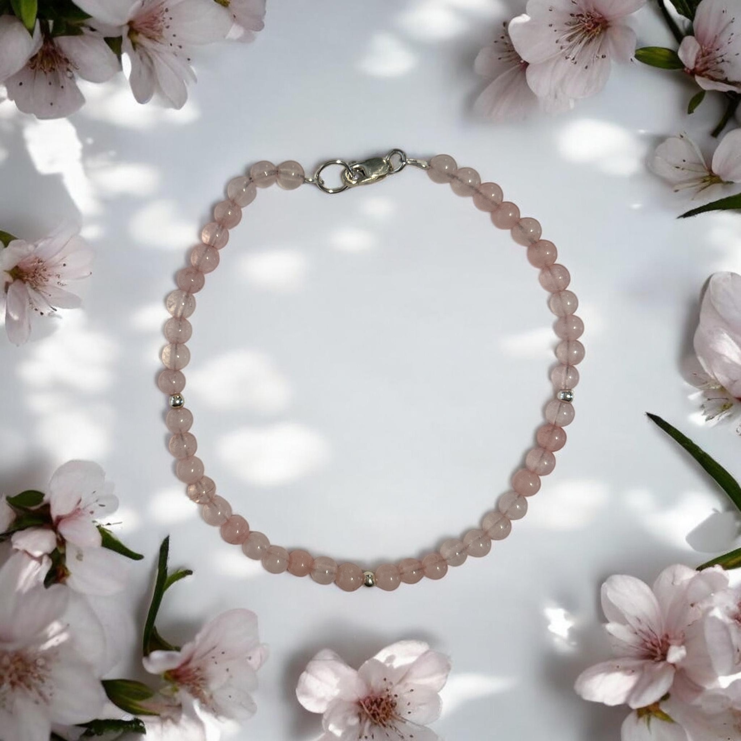 Pulsera de Cuarzo Rosa Natural con Plata 19cm — Hecha a Mano