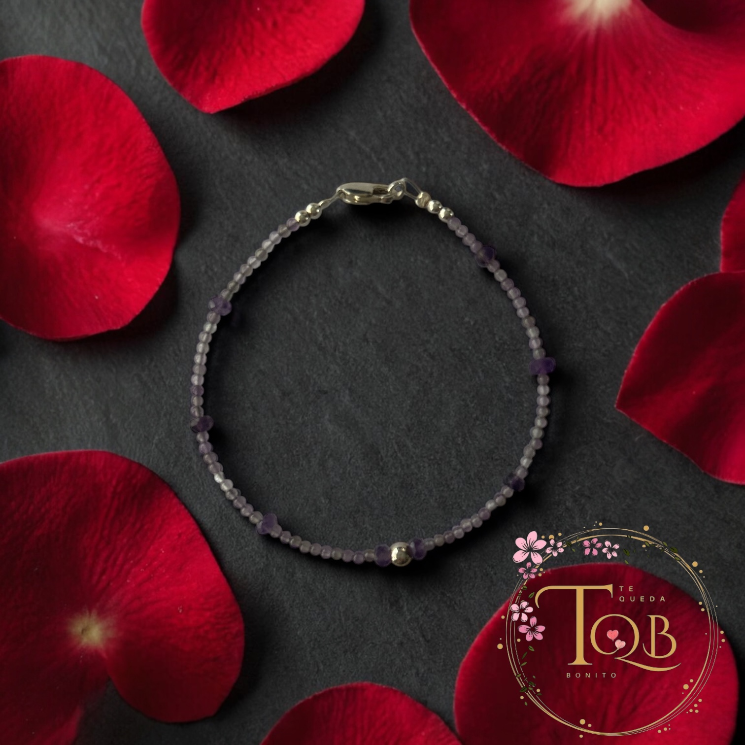 Pulsera de Amatista Natural con Detalles Plateados 19cm — Hecha a Mano