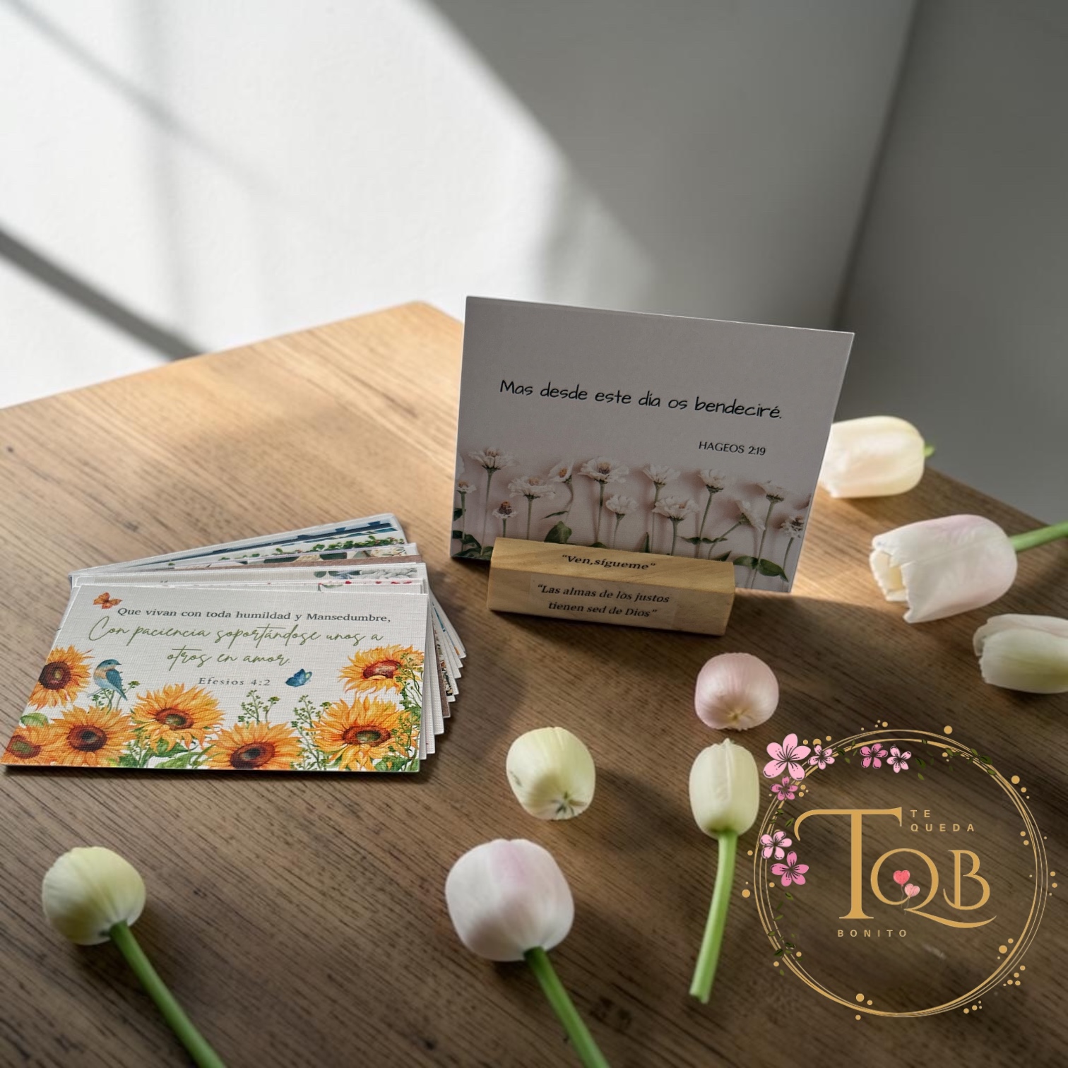 Set "Pan de Vida" — Tarjetas con Versículos Bíblicos y Soporte de Madera — Regalo Cristiano
